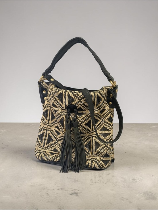 Patricia Nash Handbags - Patricia Nash Otavia Woven Bucket Bag Black Cream Leather Tassel Hobo Purse